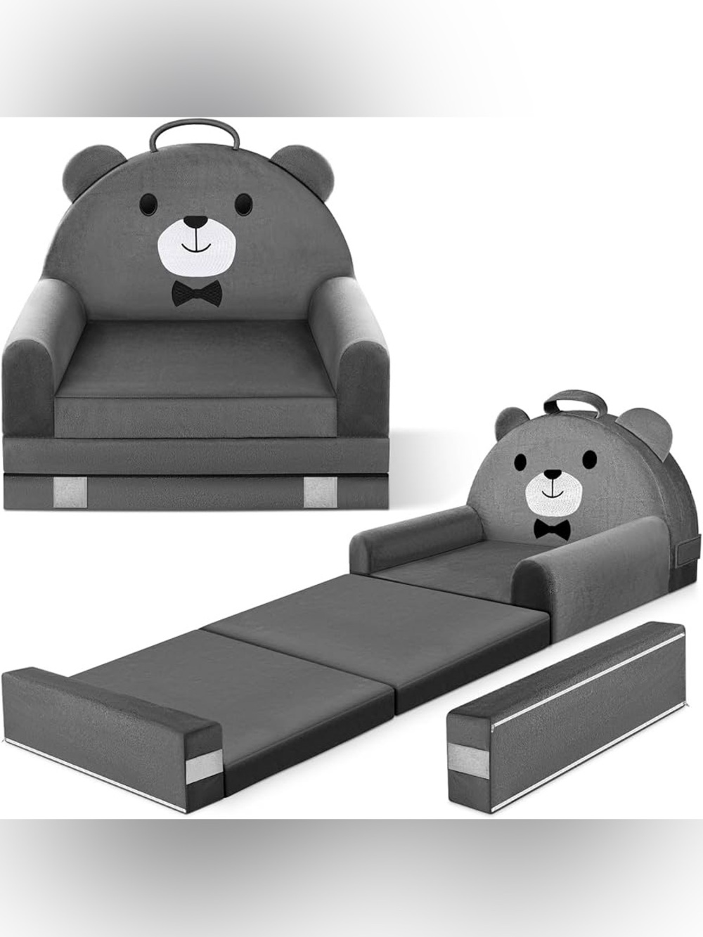 Kids Teddy Bear Fold-Out Sofa Bed - Gray